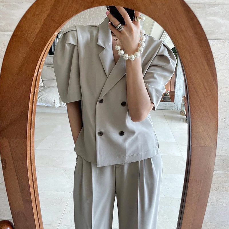 Simple Lapel Double-breasted Puff Sleeve Blazer High-waist Pleated Casual Trousers Trousers Women - kinko
