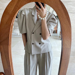 Simple Lapel Double-breasted Puff Sleeve Blazer High-waist Pleated Casual Trousers Trousers Women - kinko