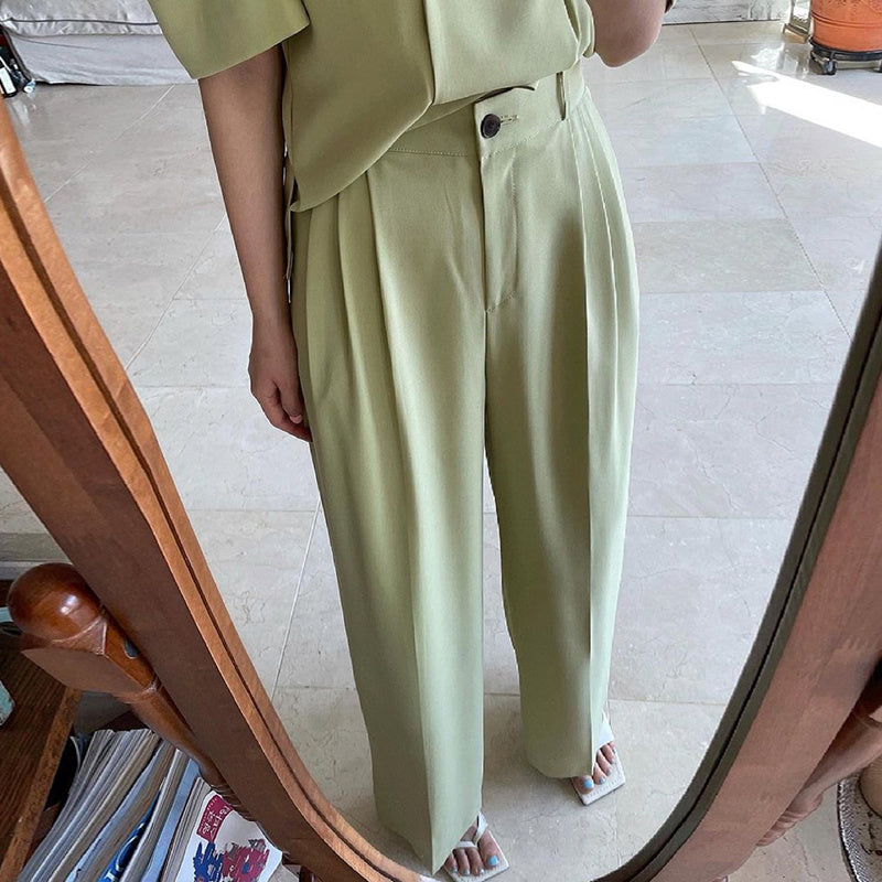 Simple Lapel Double-breasted Puff Sleeve Blazer High-waist Pleated Casual Trousers Trousers Women - kinko