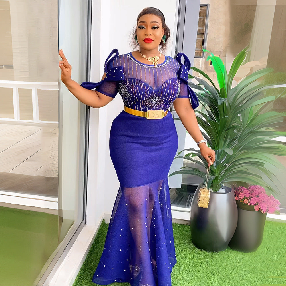 Women's Heavy Embroidered Hot Diamond Beads Night Banquet Light Luxury Evening Dress Fishtail Skirt - kinko