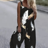 Women's Feather Print Ruffle Hem Pleated Fashionable Jumpsuit - kinko