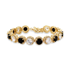 Gold-plated jewelry set with alternating black and clear cubic zirconia stones, featuring necklace, earrings and bracelet