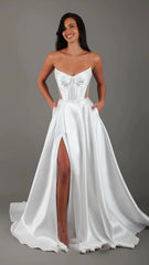 White Satin Slit Pocket Bandage Wedding Dress - kinko