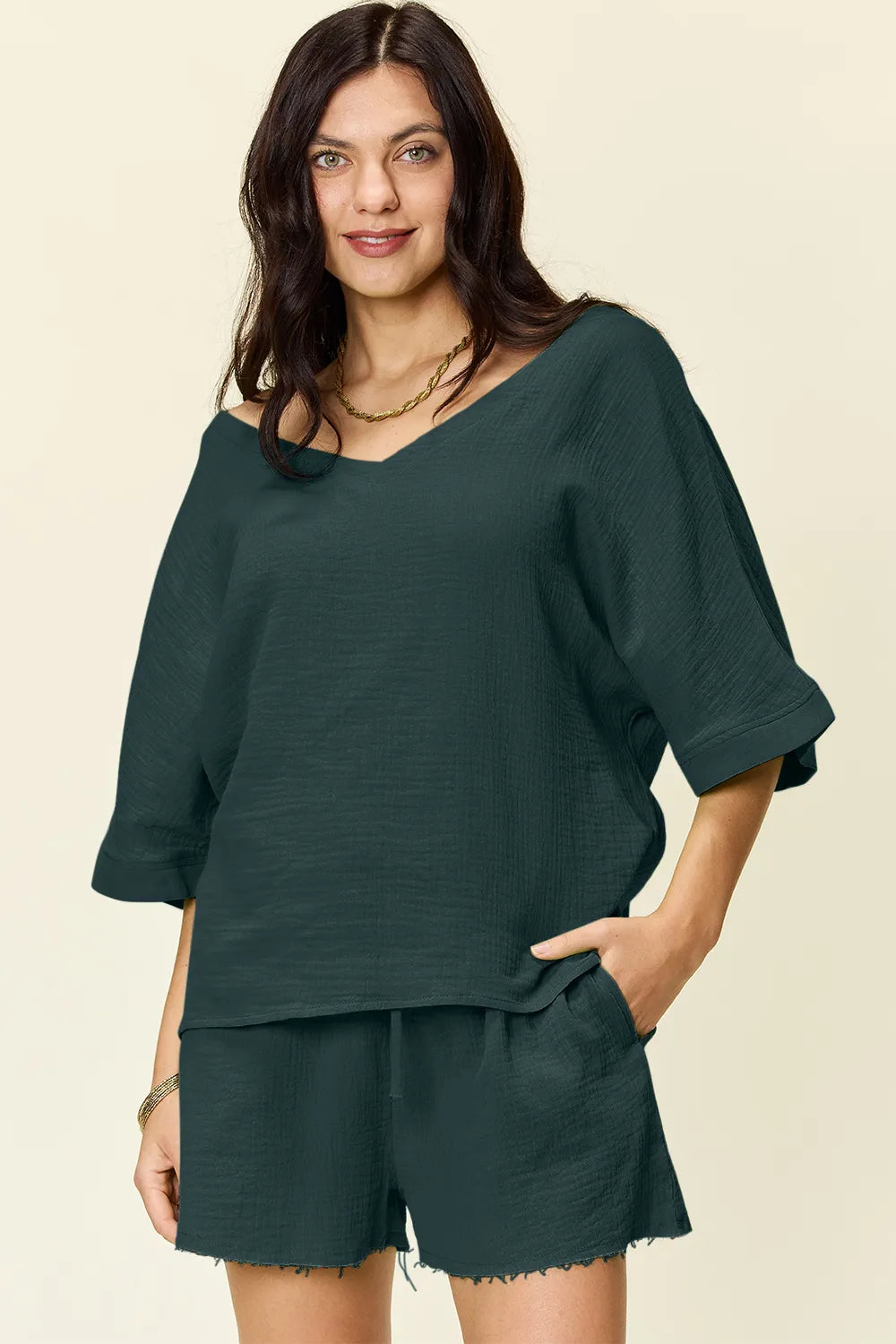 Double Take Texture Half Sleeve T-Shirt and Drawstring Shorts Set - kinko