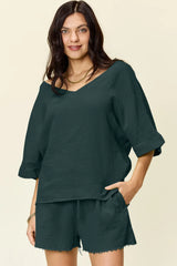 Double Take Texture Half Sleeve T-Shirt and Drawstring Shorts Set - kinko