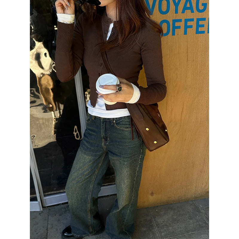 Women's Autumn Hot Girl Short Thin Coat Long-sleeved Sweater - kinko