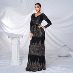 Long Sleeve V-neck Sexy Slim-fit Long Sequined Banquet Evening Dress - kinko