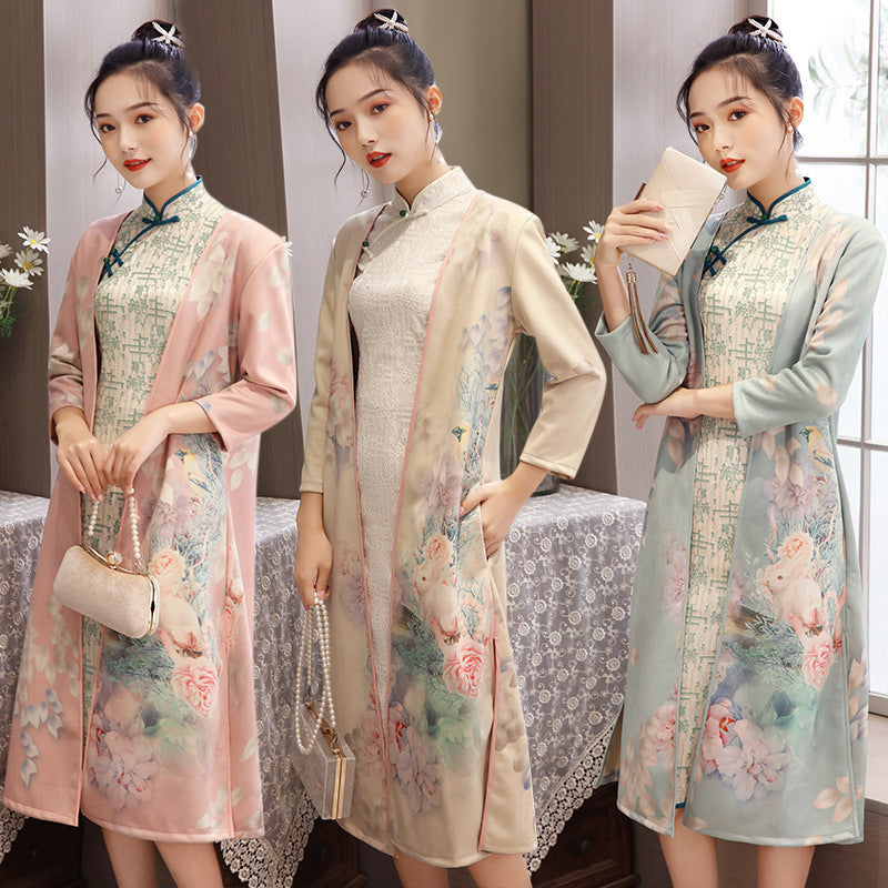Women's Medium Length Cheongsam With Suede And Aodai Dress - kinko