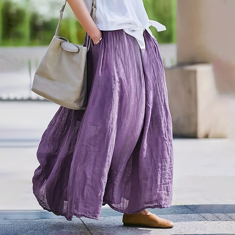 Women Bohemian Beach A-Line Dress Elastic Waist Flowy Long Maxi Skirt With Pockets - kinko