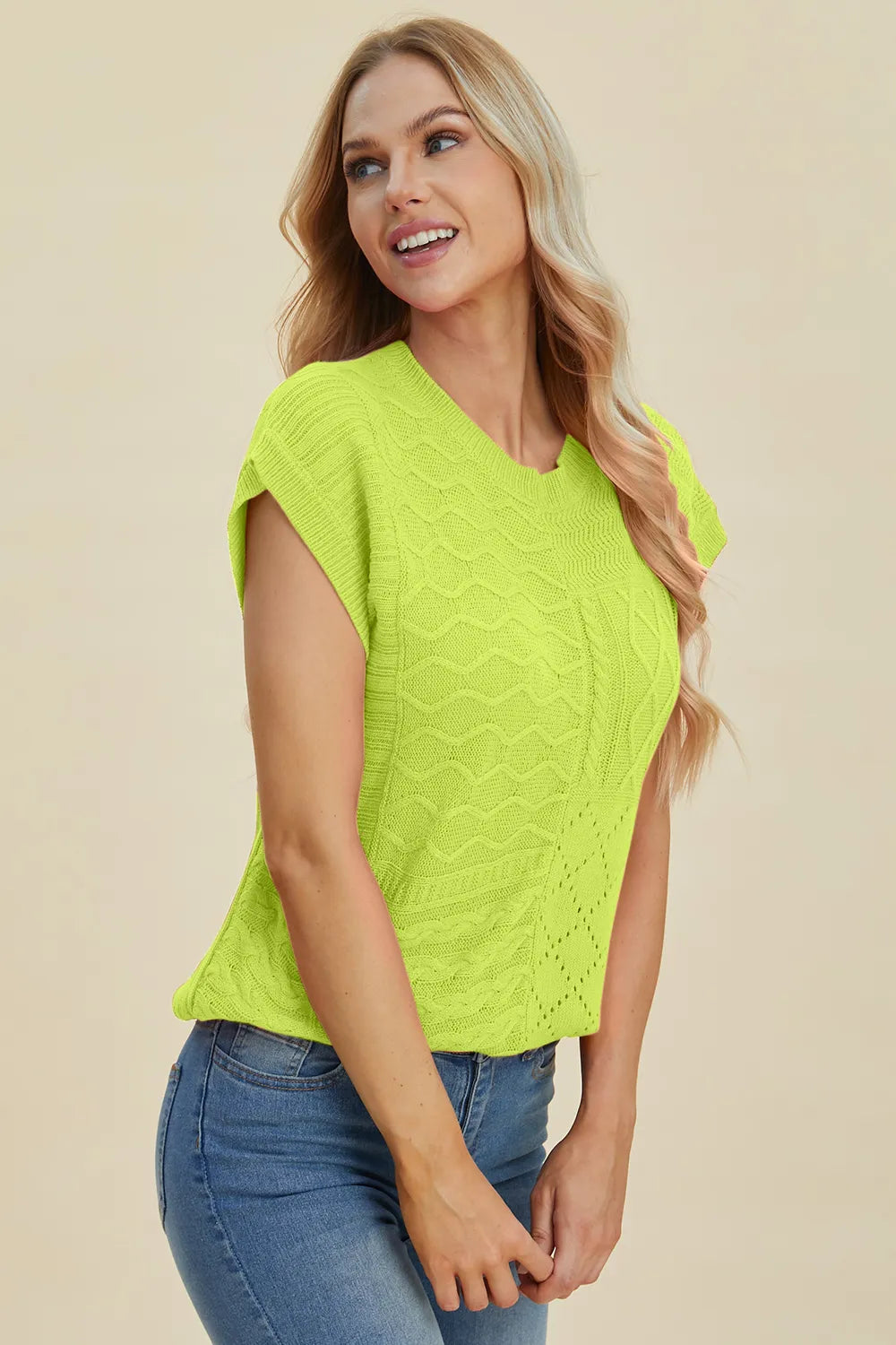 Double Take Full Size Cable-Knit Round Neck Cap Sleeve Sweater - kinko