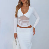 Women Clothing Sexy Deep V Plunge Mesh Slim Fit Patchwork Slimming Long Sleeve Top - kinko Global Holdings inc