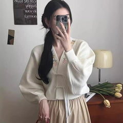 Fall Winter Coat Short Slimming V-neck Vintage Sweater Cardigan For Women