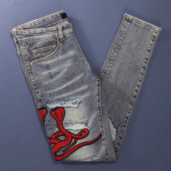 Worn Looking Washed-out Hole Patch Trendy Brand Embroidered Slim Fit Jeans - kinko