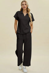 Double Take Full Size Collared Neck Short Sleeve Top and Pants Set - kinko