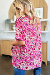 Double Take Full Size Printed V-Neck Short Sleeve Blouse - kinko