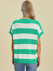 Double Take Full Size Striped V-Neck Short Sleeve Sweater - kinko