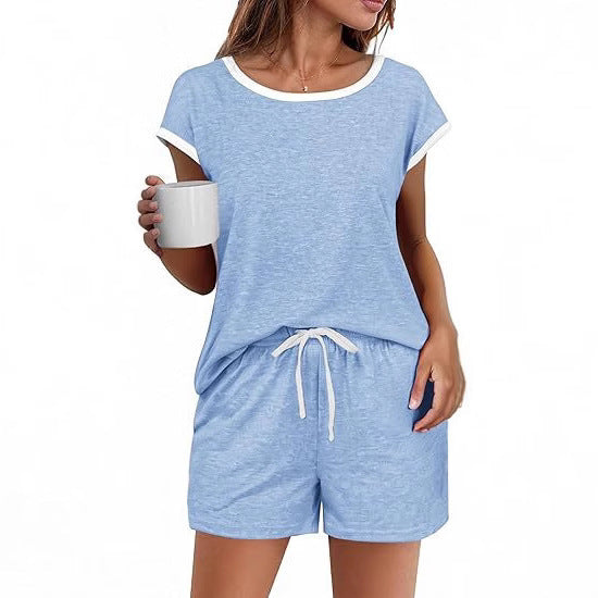 Short Sleeve Color-block Crew Neck Top Waist Drawstring Suit - kinko