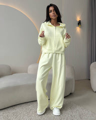 European And American Solid Color Long Sleeve Zipper Cardigan Hoodie Lace-up Trousers Two-piece Set - kinko