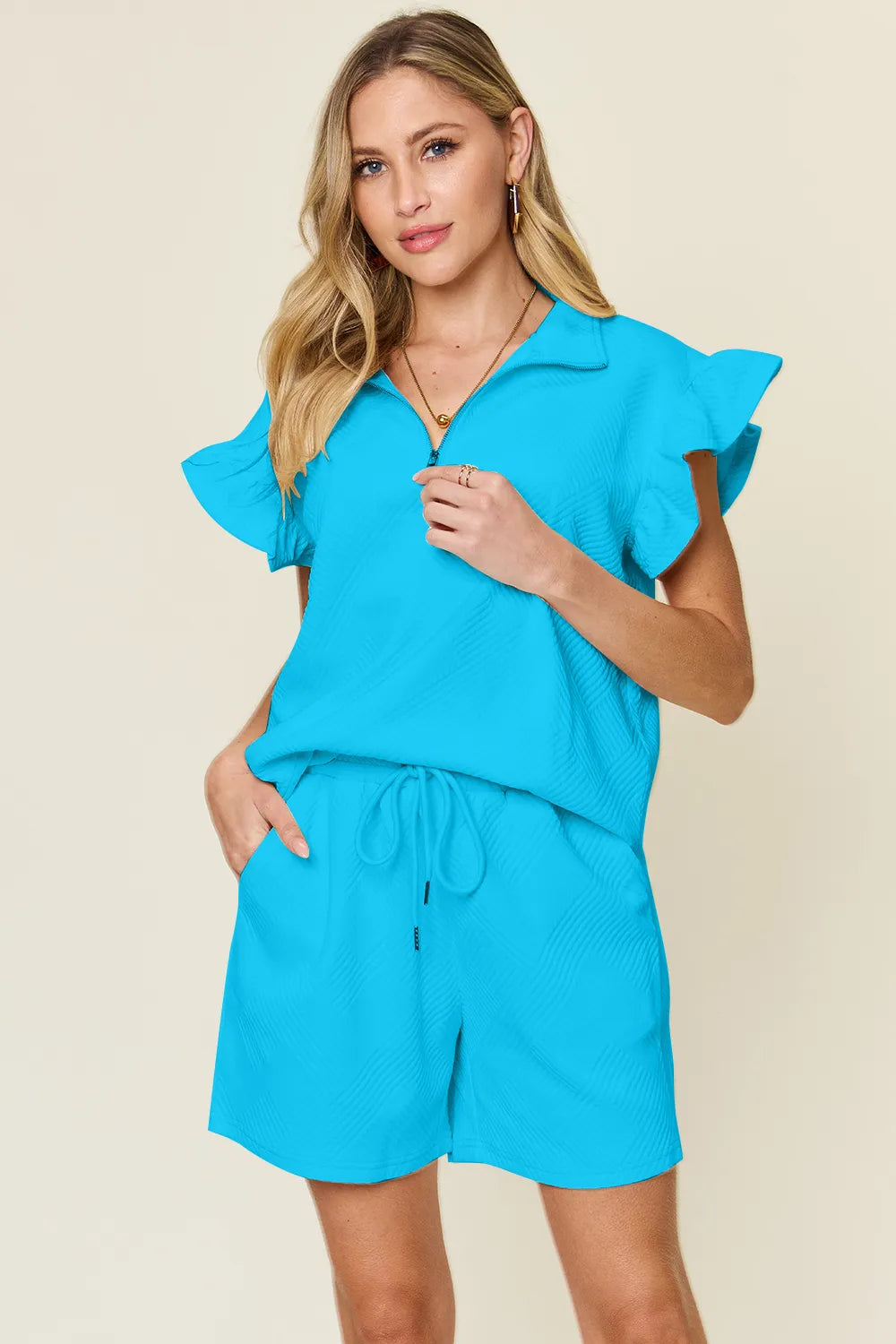 Double Take Full Size Texture Flounce Sleeve Top and Drawstring Shorts Set - kinko