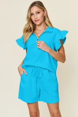 Double Take Full Size Texture Flounce Sleeve Top and Drawstring Shorts Set - kinko