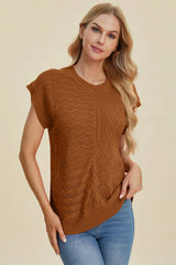 Double Take Full Size Cable-Knit Round Neck Cap Sleeve Sweater - kinko