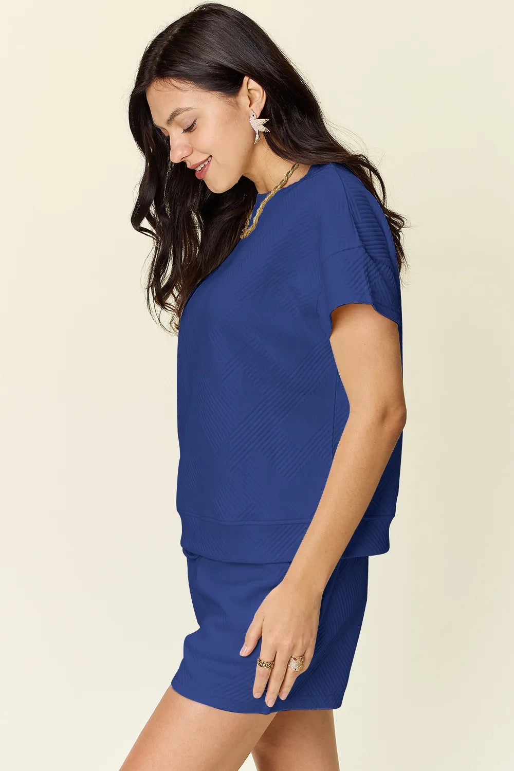 Double Take Full Size Texture Short Sleeve T-Shirt and Drawstring Shorts Set - kinko