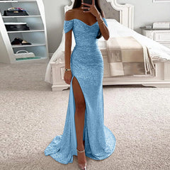 Female Creative Solid Color Sparkling Slit Dress - kinko