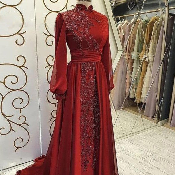 Stand Collar Luxury Long Sleeve Evening Dress - kinko