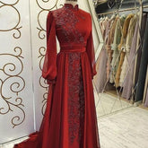 Stand Collar Luxury Long Sleeve Evening Dress - kinko