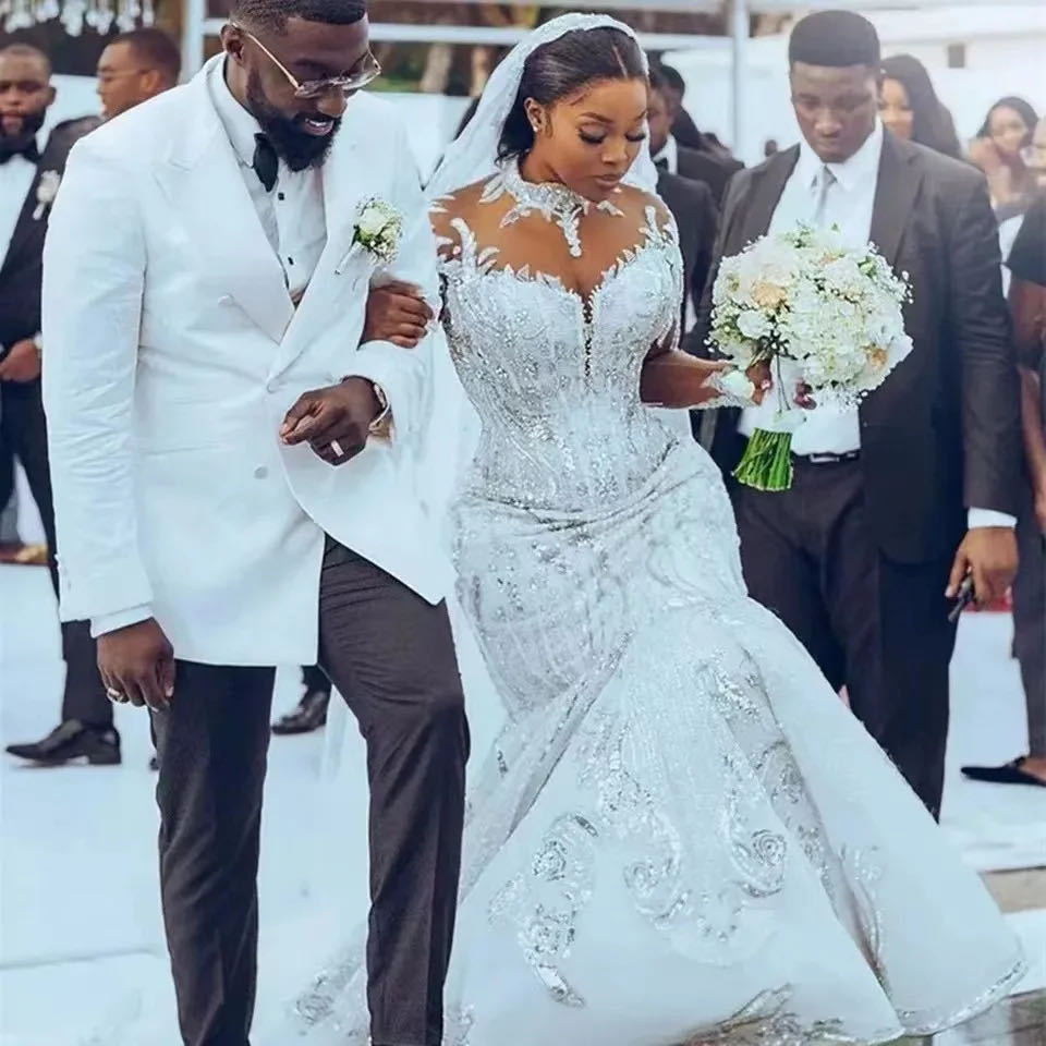 Wedding Dress African Bridal Lace Long Sleeve Fishtail - kinko