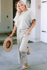 Double Take Full Size Texture Short Sleeve Top and Pants Set - kinko