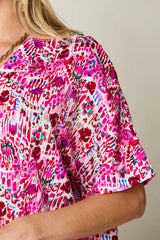 Double Take Full Size Printed V-Neck Short Sleeve Blouse - kinko