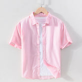 Men's Linen Short-sleeved Shirt Square Collar Casual Cotton And Linen - kinko