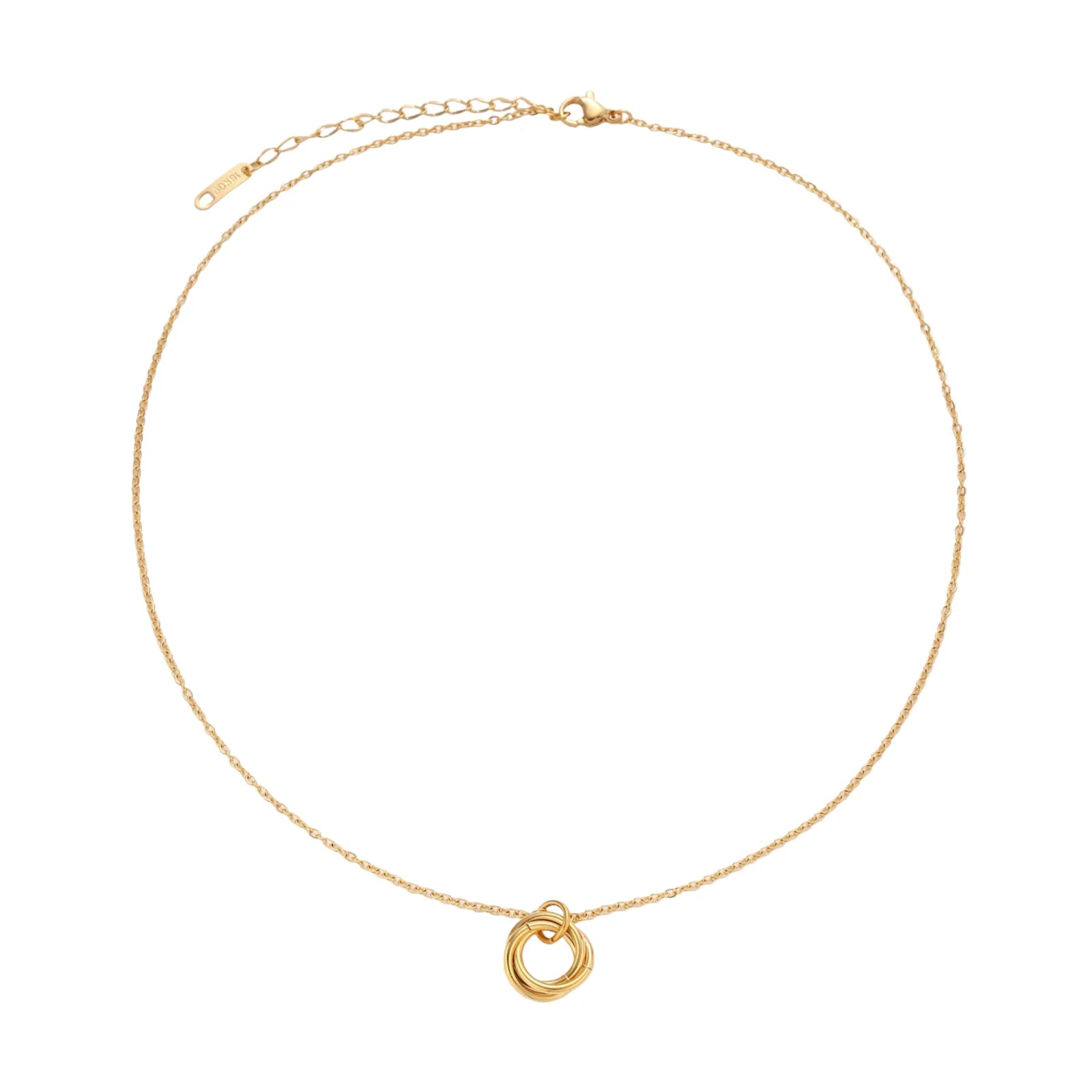 Delicate gold-plated necklace with three interlocking circle rings forming a minimalist knot pendant on cream background