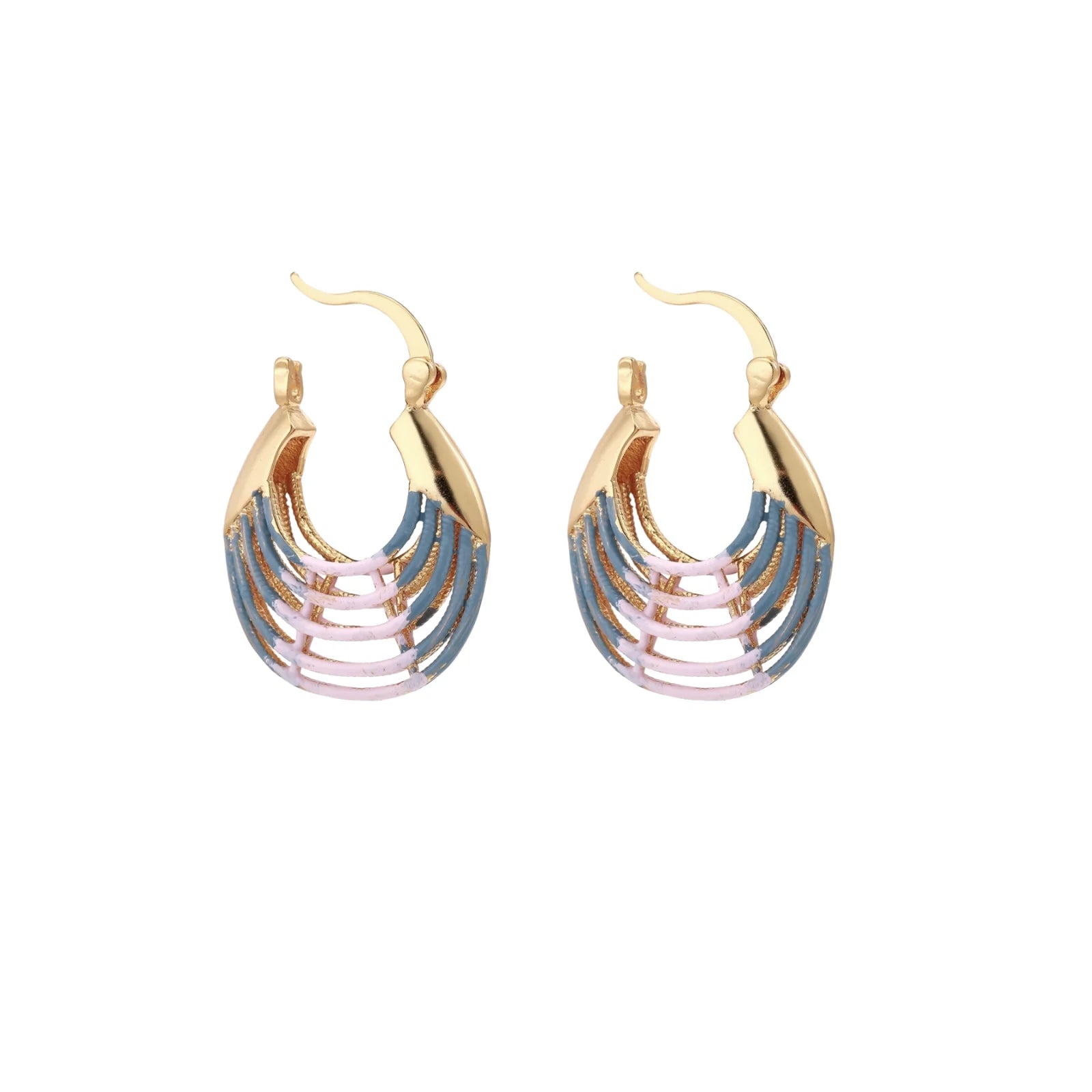 Gold hoop earrings with gradient blue-to-pink enamel in ribbed fan design on beige background