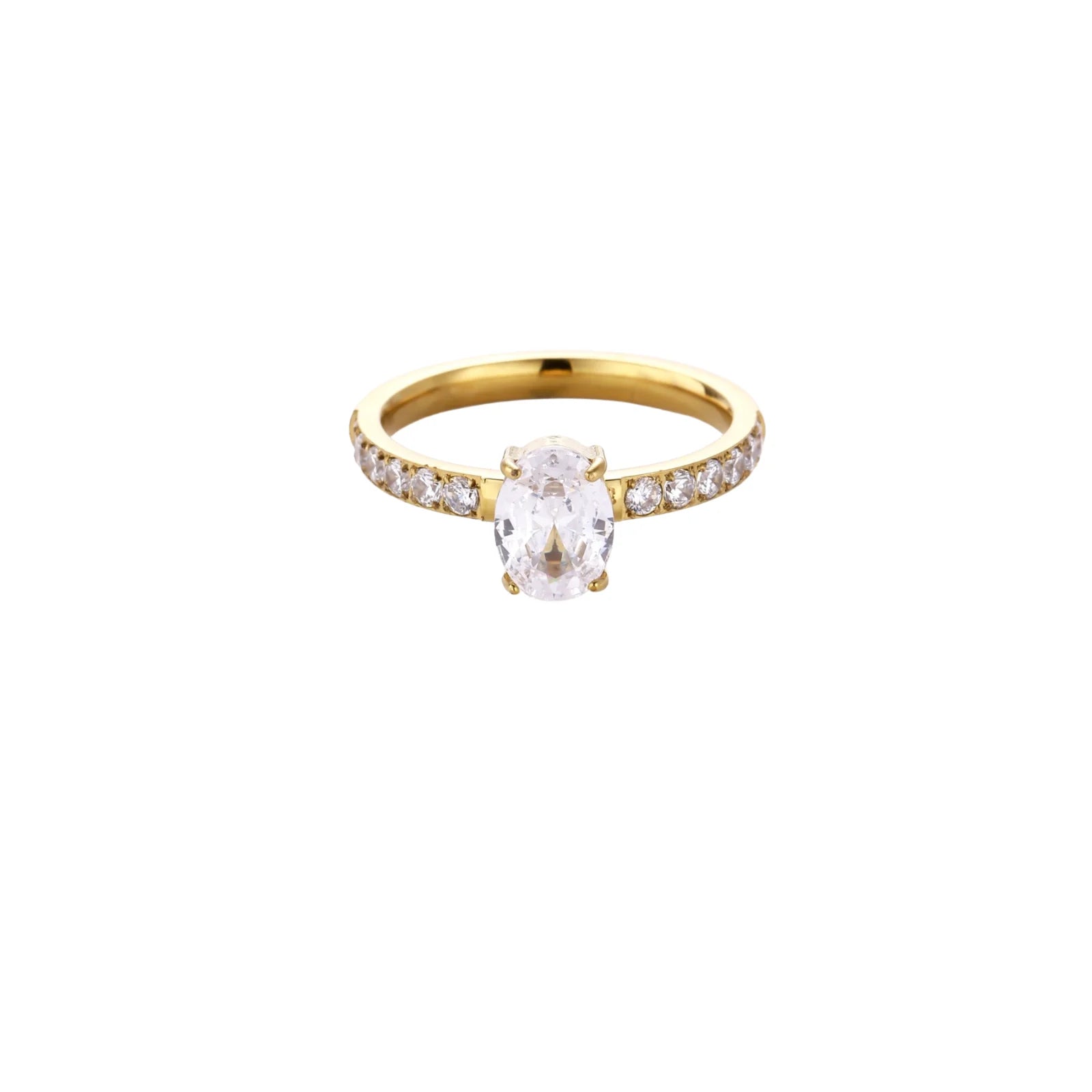 Gold-plated solitaire ring with oval zirconia center stone and pavé band on cream background