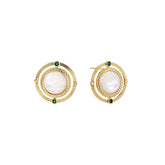 Circular gold stud earrings with iridescent mother-of-pearl center and green zirconia accents on cream background.