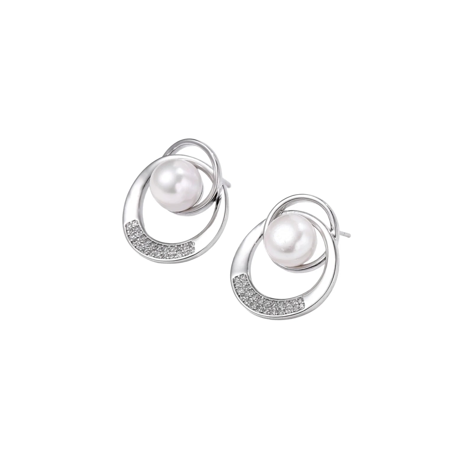 White gold-plated brass earrings with circular design, freshwater pearl center, and diamond accents