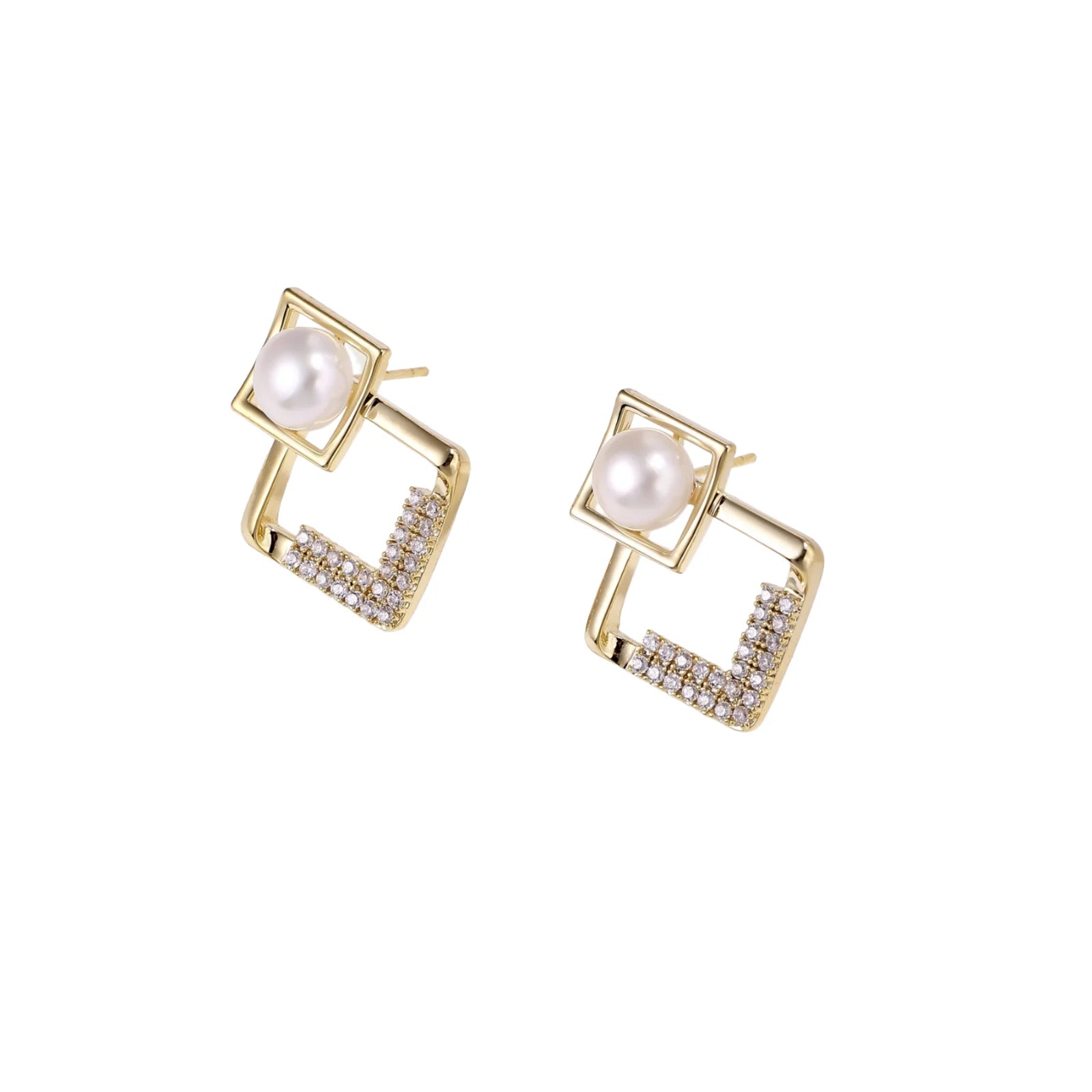 Gold-plated double square frame earrings with freshwater pearl and crystal accents on white background