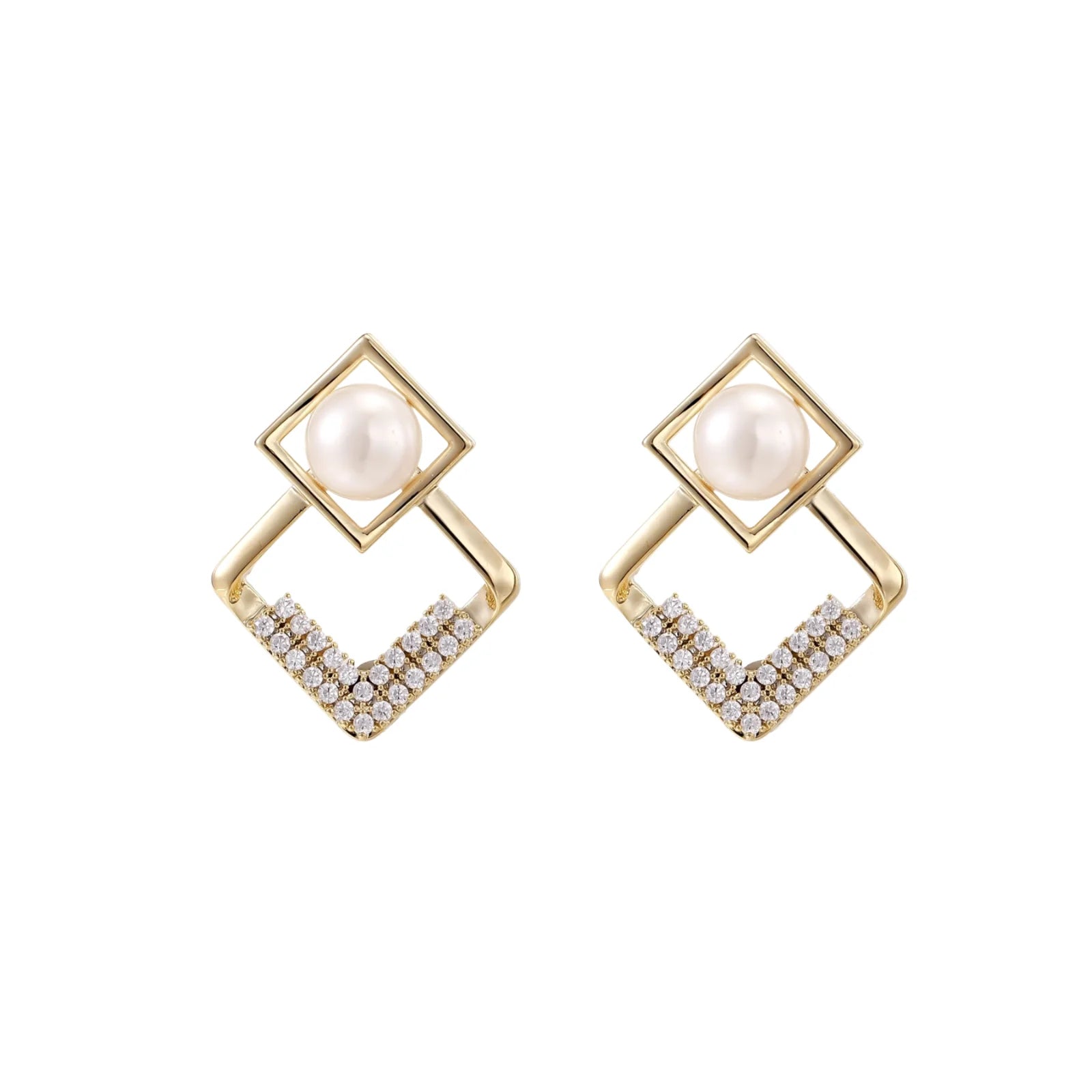 Gold-plated double square frame earrings with freshwater pearl and crystal accents on white background