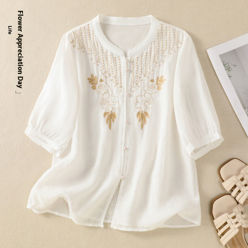 Artistic Retro Embroidery Five-quarter Sleeve Stand Collar Shirt For Women - kinko