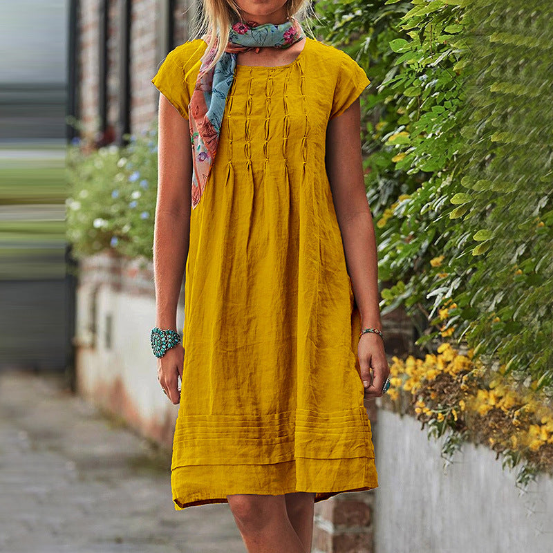 Fashion U-neck Short Sleeve Dress Summer Solid Straight Dresses Womens Clothing - kinko