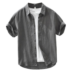 Comfortable Breathable Cotton And Linen Lapel Short Sleeve Shirt - kinko
