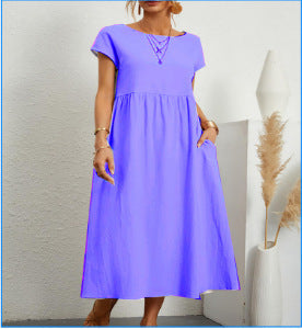 Summer Short-sleeved Dress With Pockets Fashion Solid Round Neck A-line Dresses For Women Clothing - kinko