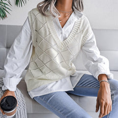 Women's V-neck Hollow Rhombus Casual Knitted Sweater Vest - kinko