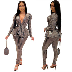 Women's Slim-fit Fashion Bronzing Long-sleeved Two-piece Suit - kinko