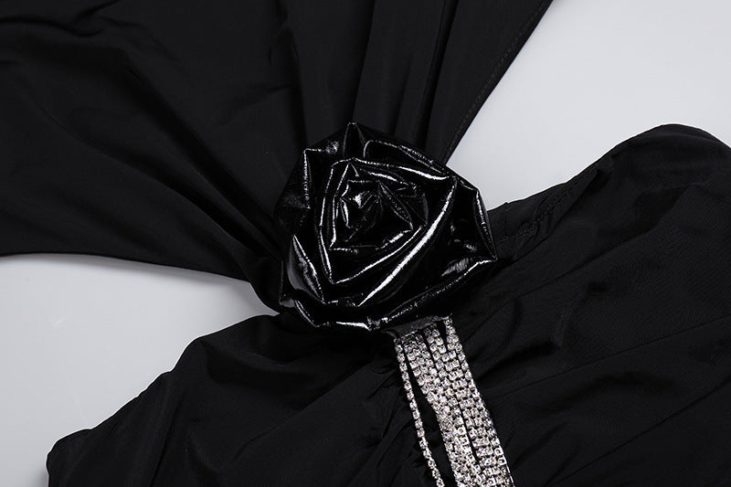 Sexy Backless Black Long Sleeve Hollow Flower Tassel Decoration Dress - kinko