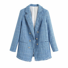 Retro loose suit tweed women's blazer jacket casual women streetwear - kinko