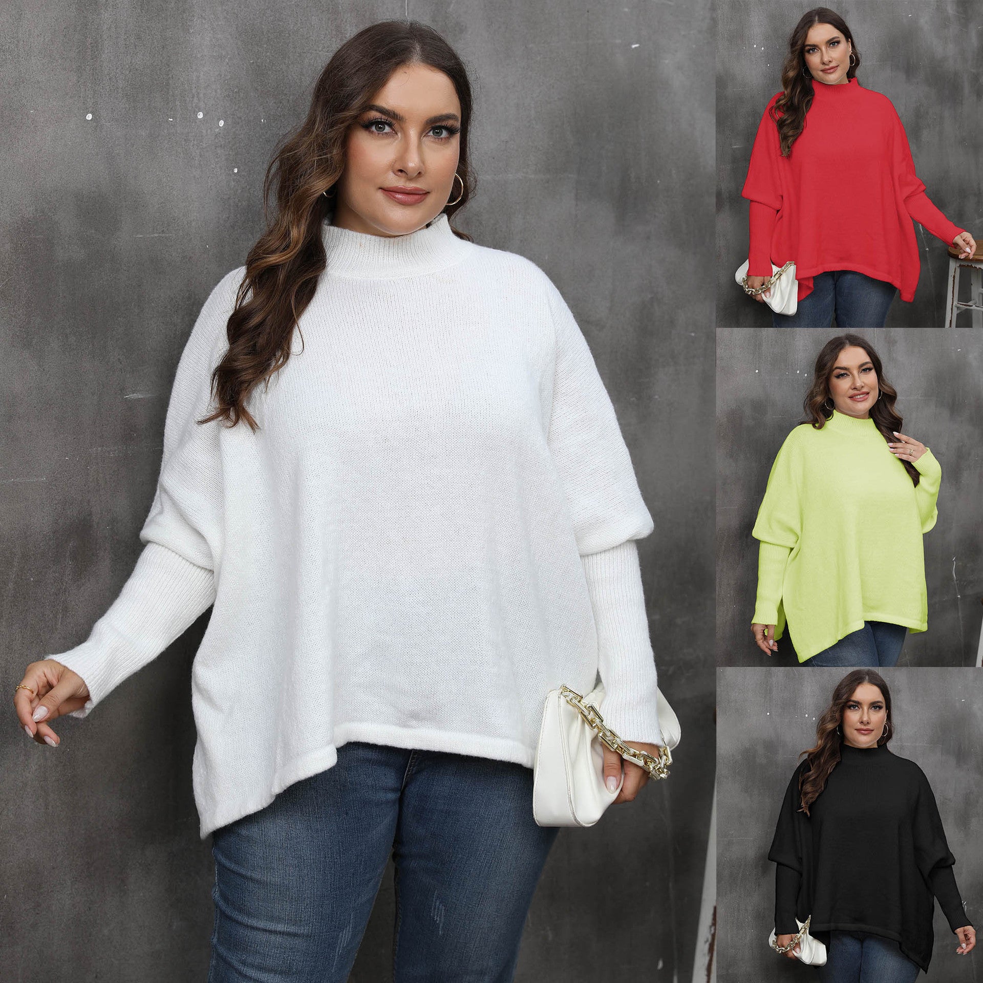 Women's Pullover Plus Size Loose Split Batwing Sleeve Half Collar Top - kinko