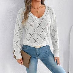 Solid Color And V-neck Sexy Cutout Plaid Long-sleeved Sweater Sweater - kinko